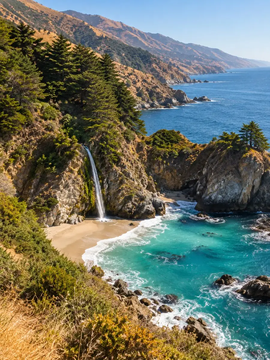 McWay Falls dropping from a granite cliff onto a small sandy cove in Julia Pfeiffer Burns State Park