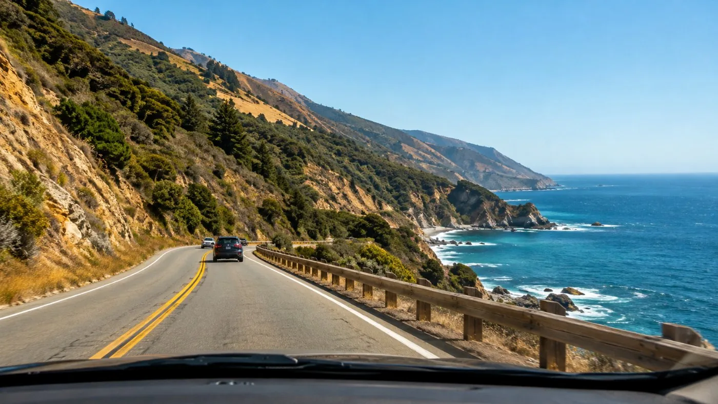 Highway 1 hugging the Big Sur cliffs with a low guardrail and the ocean on the right