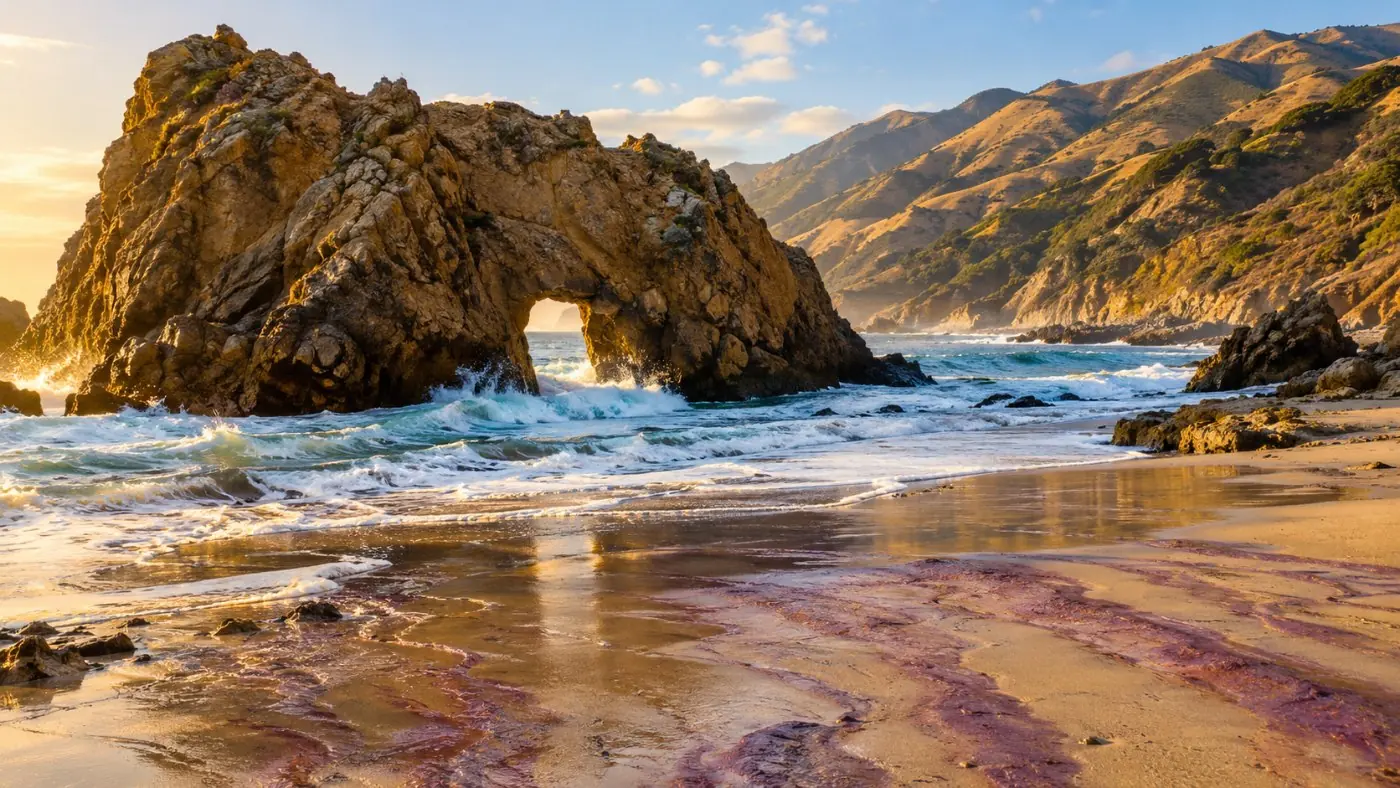 Keyhole Arch at Pfeiffer Beach with waves rushing through it and purple-streaked sand